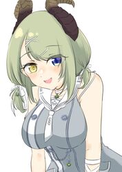  absurdres blue_eyes blush bow breasts brown_horns chains commentary_request curled_horns demon_girl demon_horns dress female green_hair grey_dress hair_ornament hairbow hairclip heterochromia highres horns large_breasts looking_at_viewer low_twintails medium_bangs medium_hair nanashi_inc. neckerchief nukokaki open_mouth sailor_collar sailor_dress sekishiro_mico short_twintails simple_background smile solo twintails upper_body virtual_youtuber white_background white_bow white_neckerchief white_sailor_collar x_hair_ornament yellow_eyes 