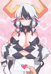  animal_ears animal_hands black_hair blush breasts cleavage closed_mouth cow_ears cow_girl cow_horns demon_girl demon_horns disgaea evil_eye_(disgaea) female flying_sweatdrops gold_horns highres horns huge_breasts huge_horns inkerton-kun large_breasts looking_at_viewer love_letter lovestruck makai_senki_disgaea_6 monster_girl multicolored_eyes pink_background slit_pupils solo upper_body white_hair wide-eyed 