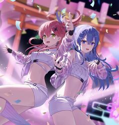  2girls absurdres ahoge arm_up asakura_(asa_t77) back-to-back beckoning black_gloves blue_eyes blue_hair blurry blurry_background breasts commentary confetti crop_top cropped_jacket dutch_angle earrings fingerless_gloves gloves green_eyes hair_between_eyes hair_ornament hairclip highres hololive hoshimachi_suisei jacket jewelry large_breasts long_sleeves looking_at_viewer micomet_(hololive) midriff multiple_girls nail_polish navel official_alternate_costume official_art one_side_up open_mouth purple_nails red_hair sakura_miko see-through see-through_jacket shirt shorts skirt sleeveless sleeveless_shirt small_breasts stage sugar_rush_(hololive) triangle_earrings upper_body virtual_youtuber white_jacket white_shorts white_skirt x_hair_ornament 