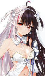  armor bare_shoulders black_hair breasts cleavage clothing_cutout collar detached_collar dress earrings female flower gem gloves grey_hair grey_hairband hair_flower hair_ornament hairband highres jewelry ku_(2025346) long_hair looking_at_viewer medium_breasts multicolored_hair navel navel_cutout nijisanji pink_hair rabbit_earrings red_eyes red_gemstone revealing_clothes shoulder_armor side_cutout simple_background smile solo spiked_hairband spikes split-color_hair strapless strapless_dress streaked_hair two-tone_hair two_side_up upper_body very_long_hair virtual_youtuber white_background white_collar white_dress white_flower white_gloves yorumi_rena yorumi_rena_(8th_costume) 