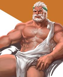  1boy abs alternate_costume ancient_greek_clothes bara bare_pectorals beard blind_eye bulge chest_hair commentary dopey_(dopq) facial_hair feet_out_of_frame full_beard greco-roman_clothes greek_mythology highres king large_pectorals laurel_crown looking_at_viewer male_focus mature_male moustache muscular muscular_male navel_hair nipples old old_man overwatch overwatch_2 pectorals pelvic_curtain reinhardt_(overwatch) revealing_clothes scar scar_across_eye short_hair sitting solo sparse_chest_hair symbol-only_commentary thick_beard thick_eyebrows thick_mustache two-tone_background white_hair zeus_(mythology) 