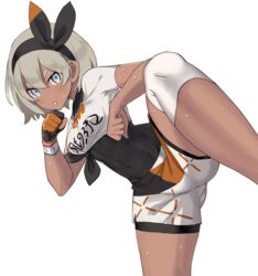  bea_(pokemon) black_bodysuit black_gloves black_hairband blush bodysuit bodysuit_under_clothes bow_hairband breasts commentary_request compression_sleeve covered_navel crop_top dynamax_band feet_out_of_frame female fighting_stance gloves grey_eyes grey_hair hair_between_eyes hairband itolife leg_up looking_at_viewer medium_breasts open_mouth orange_gloves partially_fingerless_gloves pokemon pokemon_swsh print_shirt shirt short_hair short_sleeves shorts simple_background single_glove solo transparent_background two-tone_gloves v-shaped_eyebrows white_shirt white_shorts 