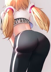  absurdres aki_rosenthal ass ass_focus back black_pants blonde_hair character_name commentary cropped_torso detached_hair female from_behind grey_background highres hololive hololive_dance_practice_uniform lavendeavor leaning_forward long_hair median_furrow official_alternate_costume pants simple_background solo sports_bra sweatpants symbol-only_commentary twintails virtual_youtuber 