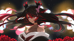  animal_ears bare_shoulders black_hair black_horns blurry blurry_background breasts cat_ears cleavage closed_mouth commission covered_collarbone female floppy_ears flower hair_flower hair_ornament highres horns japanese_clothes k_(art71) kimono large_breasts lights multicolored_hair multicolored_horns off_shoulder original pink_eyes pink_flower red_flower red_hair red_horns red_kimono red_lips red_rose rose see-through see-through_cleavage skeb_commission streaked_hair thank_you twitter_username two-tone_horns upper_body 