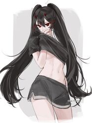  abs black_hair black_shirt black_shorts covering_own_mouth female guilty_challenge_(meme) hair_between_eyes hand_over_own_mouth highres long_hair lucia:_plume_(punishing:_gray_raven) lucia_(punishing:_gray_raven) meme multicolored_hair navel nellku24 punishing:_gray_raven red_eyes red_hair shirt short_sleeves shorts sidelocks solo streaked_hair twintails very_long_hair 