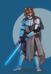  adelphopoiesis anthro armor blonde_hair blue_lightsaber clothing cougar felid feline hair hi_res lightsaber luke_(contritecougar) male mammal melee_weapon obi-wan_kenobi robe solo star_wars weapon 