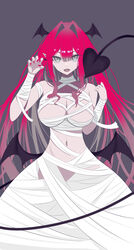  bandages baobhan_sith_(fate) bare_shoulders breasts claw_pose cleavage demon_girl demon_tail fangs fate/grand_order fate_(series) female grey_background grey_eyes halloween hand_up head_wings highres iii_(pixiv27971399) looking_at_viewer low_wings mummy_costume nail_polish navel open_mouth pink_hair pointy_ears red_nails solo tail wings 