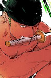  1boy aura bandana black_bandana close-up fighting_stance green_hair highres kzwtr8 long_sideburns looking_ahead male_focus mouth_hold muscular muscular_male one_piece roronoa_zoro scar scar_across_eye serious short_hair sideburns solo triple_wielding 