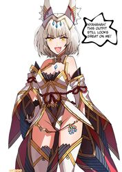  :d absurdres animal_ear_fluff animal_ears bare_shoulders bell breasts cleavage commentary detached_sleeves english_commentary english_text female gloves grey_hair highres jingle_bell leotard long_sleeves marthabucks medium_breasts nia_(blade)_(xenoblade) nia_(xenoblade) oerba_yun_fang orange_eyes short_hair signature smile solo standing thighhighs v-shaped_eyebrows white_gloves white_leotard white_sleeves white_thighhighs wide_sleeves xenoblade_chronicles_(series) xenoblade_chronicles_2 xenoblade_chronicles_3 