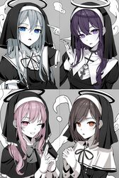  1other 25-ji_nightcord_de._(project_sekai) 3girls absurdres akiyama_mizuki asahina_mafuyu bandaid bandaid_on_face black_dress black_ribbon blue_eyes bow brown_eyes brown_hair cigarette collarbone commentary cross cross_necklace dress finger_to_face grey_bow grey_hair habit hair_between_eyes halo highres holding holding_cigarette hya_ro jewelry kamippoina_(vocaloid) long_hair long_sleeves looking_at_viewer multiple_girls neck_ribbon necklace nun one_eye_closed own_hands_clasped own_hands_together palms_together parted_lips pink_eyes pink_hair project_sekai purple_eyes purple_hair ribbon shinonome_ena short_hair short_sleeves smile upper_body yoisaki_kanade 