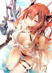  absurdres arknights babydoll bare_shoulders bikini black_bikini breasts cleavage closed_mouth collarbone criss-cross_halter detached_sleeves dutch_angle female halterneck highres holding holding_sword holding_weapon horns large_breasts long_hair long_sleeves looking_at_viewer official_alternate_costume purple_eyes red_hair sakusyo signature solo striped_clothes surtr_(arknights) surtr_(colorful_wonderland)_(arknights) swimsuit sword thigh_strap very_long_hair weapon 