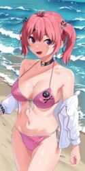  :d absurdres ahoge bare_shoulders beach bikini black_choker breasts choker cleavage collarbone cowboy_shot english_commentary female front-tie_bikini_top front-tie_top goddess_of_victory:_nikke hair_ornament hair_ribbon hairclip highres jacket large_breasts long_hair long_sleeves looking_at_viewer mast_(a_pirate&#039;s_heart)_(nikke) mast_(nikke) navel ocean oerba_yun_fang off_shoulder open_mouth pink_bikini pink_hair purple_eyes ribbon side-tie_bikini_bottom sidelocks skin_fang skull_choker skull_hair_ornament skull_ornament smile solo standing stomach swimsuit twintails vraxtal white_jacket 