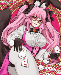  absurdres animal_ear_fluff animal_ears ass black_bow black_gloves blush bow breasts card coattails collared_shirt corset dress_shirt fate/grand_order fate_(series) female fox_tail glasses gloves hair_between_eyes hairbow highres izumi_minami koyanskaya_(assassin)_(second_ascension)_(fate) koyanskaya_(fate) large_breasts long_hair long_sleeves looking_at_viewer open_mouth pantyhose pink_hair playing_card rabbit_ears shirt sidelocks smile solo tail tamamo_(fate) thighs twintails underbust white_pantyhose white_shirt yellow_eyes 