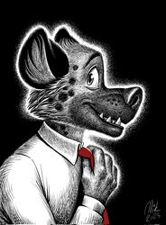  2023 aggretsuko anthro clothed clothing fangs fur haida_(aggretsuko) half-length_portrait hi_res hyena inner_ear_fluff looking_at_viewer male mammal necktie nikraccoom portrait red_necktie sanrio shirt side_view signature solo spotted_hyena teeth topwear tuft underbite wide_eyed 