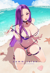  ;p alternate_costume bare_shoulders beach bikini bikini_bottom_pull bikini_top_pull black_choker blue_sky blush breasts choker cleavage cloud commentary commission eyelashes female fire_emblem fire_emblem_echoes:_shadows_of_valentia full_body highres horizon jewelry kneeling large_breasts long_hair looking_at_viewer navel ocean one_eye_closed outdoors purple_bikini purple_eyes purple_hair sandals shell skindentation sky smile solo sonya_(fire_emblem_gaiden) starfish stomach string_bikini sumustard swimsuit thick_thighs thighs tongue tongue_out undressing water watermark 