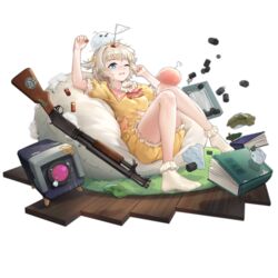  ankle_socks arm_up bare_arms bare_legs bean_bag_chair bird blonde_hair blue_eyes board_game book box chilunchilun damaged feet female flag full_body girls&#039;_frontline gun hair_ornament hair_scrunchie hand_up highres holding lying m1897_(forest_game)_(girls&#039;_frontline) m1897_(girls&#039;_frontline) messy notice_lines official_alternate_costume official_art on_back one_eye_closed open_box open_mouth pajamas pink_bird pump_action rug scrunchie short_hair short_sleeves shotgun shotgun_shell simple_background socks solo sticker tape teardrop third-party_source torn_clothes transparent_background unkempt weapon white_bird white_flag white_socks winchester_model_1897 wooden_floor yellow_pajamas yellow_scrunchie 