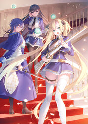  3girls belt black_hair black_necktie blonde_hair blue_eyes blue_hair blue_jacket breasts closed_mouth earrings elfine_phillet excalibur_academy_uniform gun hair_ornament highres holding holding_gun holding_sword holding_weapon jacket japanese_clothes jewelry large_breasts long_hair long_sleeves looking_at_viewer miniskirt multiple_girls necktie official_art pantyhose purple_eyes regina_mercedes sakuya_sieglinde seiken_gakuin_no_maken_tsukai short_hair skirt stairs sword thighhighs toosaka_asagi twintails very_long_hair weapon white_belt white_thighhighs wing_collar 