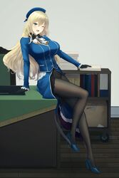  absurdres against_table arm_support atago_(kancolle) beret black_gloves blonde_hair blue_footwear blue_hat blush breasts female full_body gloves green_eyes hat high_heels highres kantai_collection large_breasts leaning_back long_hair looking_at_viewer military_uniform odachu one_eye_closed open_mouth panties panties_under_pantyhose pantyhose skirt smile solo underwear uniform 