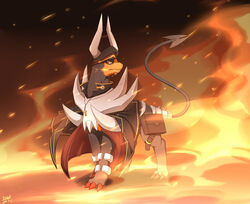  absurd_res cape character_name clothing cross detailed_background feral fire furgonomic_headwear furgonomics generation_6_pokemon glance hat headgear headwear hi_res ivan-jhang jewelry lian_(ivan-jhang) male mega_evolution mega_houndoom necklace nintendo poke-chro pokemon pokemon_(species) solo waist_bag 