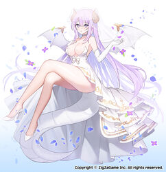  apple_caramel blue_background blue_flower blush breasts bridal_veil cleavage copyright_notice crossed_legs curled_horns dragon_girl dragon_horns dragon_tail dragon_wings dress elbow_gloves falling_petals female flower full_body gloves gradient_background grey_choker hair_between_eyes hand_on_own_chest hand_up high-low_skirt high_heels highres horns invisible_chair large_breasts long_hair looking_at_viewer low_neckline neomonsters official_art parted_lips petals pointy_ears purple_eyes purple_flower purple_hair sidelocks sitting strapless strapless_dress tail thighs toe_cleavage veil wedding_dress white_background white_dress white_footwear white_gloves white_veil white_wings wings 