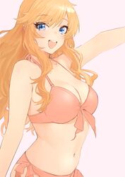  bare_shoulders bikini blonde_hair blue_eyes blush breasts cleavage collarbone female front-tie_bikini_top front-tie_top goshiki_suzu highres idolmaster idolmaster_cinderella_girls long_hair looking_at_viewer medium_breasts navel ohtsuki_yui open_mouth pink_bikini side-tie_bikini_bottom simple_background smile solo swimsuit wavy_hair 