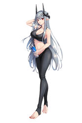  arknights bare_shoulders black_pants black_sports_bra bowlp commentary_request crop_top female full_body grey_hair highres horns leggings long_hair midriff mudrock_(arknights) navel pants red_eyes sarashi solo sports_bra standing stomach thighs very_long_hair 