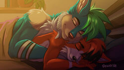  16:9 anthro canid canine canis cuddling deworse duo ebb ebb_owo flow flow_owo fox hi_res hybrid love male male/male mammal morning romantic romantic_couple widescreen wolfdog 