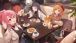  4girls ^_^ alternate_costume blueberry breasts casual cellphone cleavage cleavage_cutout closed_eyes clothing_cutout coffee coffee_mug counting cup eating feeding food fruit glass green_hair highres idolmaster idolmaster_million_live! idolmaster_million_live!_theater_days julia_(idolmaster) kitakami_reika large_breasts looking_at_another looking_at_food looking_at_viewer maihama_ayumu maple_syrup millionstars_team7th mug multiple_girls nys orange_hair pancake pancake_stack phone pink_hair pretzel reflection restaurant saucer sitting teacup tiramisu v-neck waffle yabuki_kana 