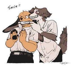  anthro bodily_fluids border_collie brown_body brown_fur canid canine canis clothed clothing collie domestic_dog duo exposed_teeth fully_clothed fur herding_dog joseph_(mucknagabe) male mammal mucknagabe noi_(mucknagabe) orange_body orange_fur pastoral_dog pulling_mouth school_uniform sheepdog simple_background smell_(mucknagabe) sweat sweatdrop text uniform white_background white_body white_fur 