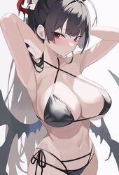  armpits arms_up bikini black_bikini black_hair black_wings blue_archive blush breasts chikoku cleavage commentary_request criss-cross_halter female halo halterneck highres large_breasts long_hair looking_at_viewer melting_halo navel official_alternate_costume ponytail red_eyes red_halo side-tie_bikini_bottom sideways_glance simple_background solo stomach swimsuit tsurugi_(blue_archive) tsurugi_(swimsuit)_(blue_archive) very_long_hair white_background wings 