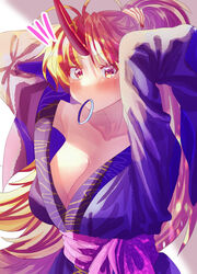  absurdres antenna_hair armpits arms_up blush breasts cleavage collarbone fang_out female hair_tie_in_mouth hayashida_chiyo highres horns hoshiguma_yuugi hoshiguma_yuugi_(kimono) japanese_clothes kimono large_breasts long_hair looking_at_viewer mouth_hold notice_lines obi oerba_yun_fang oni_horns ponytail purple_kimono sash solo touhou tying_hair upper_body very_long_hair 