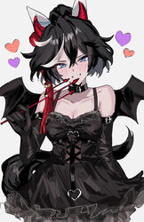  absurdres alternate_costume animal_ears bad_id bad_pixiv_id bare_shoulders black_dress black_gloves black_hair blue_eyes blush breasts commentary_request cowboy_shot dress ear_covers earrings elbow_gloves fake_horns fake_wings female frilled_dress frills gloves grin hair_ornament halloween_costume heart highres horns horse_ears horse_girl horse_tail jewelry katsuragi_ace_(umamusume) looking_at_viewer m75255831 medium_breasts medium_hair multicolored_hair ponytail simple_background smile solo streaked_hair tail tassel tassel_earrings tassel_hair_ornament umamusume white_background wings 