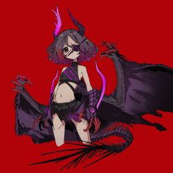  anderson_m0311 bare_shoulders black_hair bow claws commentary_request crop_top cropped_legs cuffs dragon_girl dragon_horns dragon_tail dragon_wings expressionless eyepatch female flat_chest hayasaka_mirei highres horns idolmaster idolmaster_cinderella_girls jacket looking_at_viewer monster_girl multicolored_hair navel red_background red_hair simple_background skirt solo tail two-tone_hair wings 