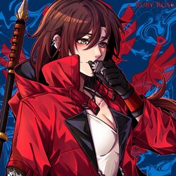  alternate_universe blush breasts brown_hair character_name cleavage earrings english_commentary female gloves grey_eyes hair_between_eyes hood hooded_jacket jacket jewelry jindianjun000 kissing_necklace medium_breasts necklace open_clothes open_jacket red_jacket ruby_rose rwby solo upper_body 