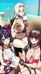  3girls :d :q bikini black_gloves blush breasts burger carmilla_(fate) carmilla_(swimsuit_rider)_(fate) commentary crossed_legs cup drinking drinking_straw english_commentary fast_food fate/grand_order fate_(series) food french_fries gloves goggles goggles_on_head hair_ornament highres katsushika_hokusai_(fate) katsushika_hokusai_(swimsuit_saber)_(fate) long_hair looking_at_viewer mcdonald&#039;s mole mole_on_breast monkey_jon multiple_girls navel osakabehime_(fate) osakabehime_(swimsuit_archer)_(fate) purple_hair red_eyes sitting smile swim_goggles swimsuit thigh_strap tongue tongue_out twintails very_long_hair white_bikini white_hair yellow_eyes 