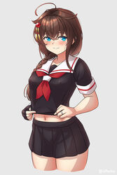  ahoge arthur_ko black_serafuku black_skirt blue_eyes blush braid brown_hair closed_mouth commentary_request covered_nipples cowboy_shot female grey_background hair_between_eyes hair_flaps highres jewelry kantai_collection long_hair looking_at_viewer md5_mismatch navel neckerchief pleated_skirt red_neckerchief ring school_uniform serafuku shigure_(kancolle) shigure_kai_san_(kancolle) short_sleeves simple_background single_braid skirt solo twitter_username wedding_ring 