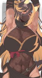  absurdres animal_ears arm_strap armpits arms_up belt biro-budou black_hair black_mask black_scarf blonde_hair blush bodysuit breasts cat_ears cat_girl cat_tail colored_inner_hair covered_abs covered_navel crossed_bangs dark-skinned_female dark_skin female fishnet_bodysuit fishnet_leotard fishnet_sleeves fishnets hair_between_eyes highres huge_breasts indie_virtual_youtuber lightning_bolt_print long_hair looking_at_viewer mask mouth_mask multicolored_hair nekoyo_chloe ninja ninja_mask pelvic_curtain scarf shuriken_hair_ornament sideboob solo sweat tail toned two-tone_hair upper_body virtual_youtuber yellow_eyes 