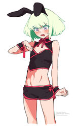  1boy alternate_costume animal_ears artist_name black_shirt black_shorts black_wrist_cuffs blush chinese_clothes cleavage_cutout clothing_cutout colored_eyelashes crop_top cropped_legs embarrassed fake_animal_ears green_hair groin highres lio_fotia male_focus midriff navel ns1123 open_mouth otoko_no_ko promare purple_eyes rabbit_ears shirt short_hair shorts sidelocks simple_background sleeveless solo sweatdrop thighs v-shaped_eyebrows white_background wrist_cuffs 