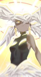  absurdres ahoge blurry breasts commentary dark-skinned_female dark_skin earrings english_commentary expressionless female hair_over_one_eye highres hoop_earrings jewelry nicuoi original quad_tails ringed_eyes shaded_face sideboob sleeveless sleeveless_turtleneck small_breasts sparkle turtleneck white_hair yellow_eyes 