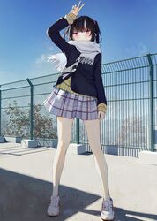  arm_up bare_legs bare_legs_girl_(kamizaki_hibana) black_hair black_jacket blush cardigan cloud cloudy_sky commentary_request dappled_sunlight female fence full_body hair_ornament hair_scrunchie hand_up jacket kamizaki_hibana legs medium_hair miniskirt no_socks original outdoors pink_eyes plaid plaid_skirt rooftop scarf scrunchie shadow shoes skirt sky sneakers solo sunlight twintails v white_scarf wind yellow_cardigan 