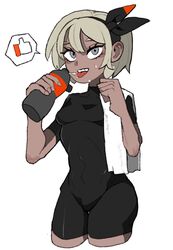  bbizim03 bea_(pokemon) black_bodysuit black_hairband bodysuit bottle breasts cropped_legs dark-skinned_female dark_skin eyelashes female grey_eyes grey_hair hair_between_eyes hairband highres holding holding_bottle pokemon pokemon_swsh short_hair simple_background small_breasts solo spoken_thumbs_up sweat tongue tongue_out towel water_bottle white_background 