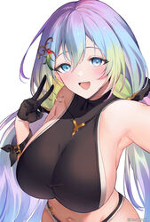  absurdres armpits artist_name bikini black_bikini black_bikini_bottom black_gloves blue_eyes blush breasts cupitan_(granblue_fantasy) cupitan_(summer)_(granblue_fantasy) female gloves gradient_hair granblue_fantasy hair_between_eyes hair_ornament highres huge_breasts long_hair looking_at_viewer low_twintails multicolored_hair navel open_mouth rainbow_hair selfie sideboob simple_background smile solo swimsuit twintails v very_long_hair white_background yuntae 