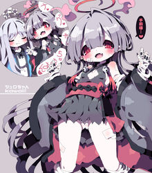  2girls blue_archive blush breasts cleavage_cutout clothing_cutout dangomushi detached_sleeves dress gauze gauze_on_cheek grey_background grey_dress grey_hair grey_sleeves halo highres looking_at_viewer multiple_girls nagusa_(blue_archive) oerba_yun_fang open_mouth panties red_eyes red_halo shuro_(blue_archive) skin_fang small_breasts speech_bubble standing thighs translation_request underwear white_panties wide_sleeves 