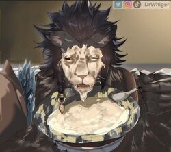  anthro artist_name black_body black_fur bowl container cutlery digital_drawing_(artwork) digital_media_(artwork) dr.whiger fangs felid final_fantasy final_fantasy_xiv fur grainy hair_braid hi_res holding_object hrothgar humor inner_ear_fluff instagram instagram_logo kitchen_utensils logo male mammal meme milk milk_face_cat milk_on_face narrowed_eyes solo spoon square_enix teeth tiktok tools tuft twitter twitter_logo watermark whiskers yellow_sclera 