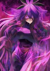  black_gloves black_hair blush breasts china_dress chinese_clothes commentary_request dress elbow_gloves female flower flower_on_head gloves grape_print hand_on_own_face hayashida_chiyo highres large_breasts long_hair purple_dress purple_eyes purple_theme reaching reaching_towards_viewer smile solo touhou wide_hips yomotsu_hisami 