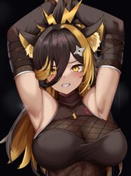  animal_ears arm_strap armpits arms_up bare_shoulders black_hair blonde_hair blush bound bound_wrists breasts cat_ears cat_girl clenched_teeth colored_inner_hair dark-skinned_female dark_skin female fishnets hair_between_eyes hair_ornament indie_virtual_youtuber large_breasts lightning_bolt_hair_ornament lightning_bolt_necklace lightning_bolt_symbol long_hair looking_at_viewer masaki_nanaya multicolored_hair nekoyo_chloe ninja rope shuriken_hair_ornament smell solo sweat teeth turtleneck two-tone_hair upper_body very_long_hair virtual_youtuber yellow_eyes 