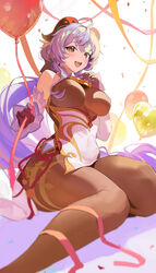  :d ahoge balloon black_gloves blue_hair bodystocking breasts detached_sleeves female ganyu_(genshin_impact) genshin_impact gloves goat_horns highres holding holding_balloon horns large_breasts long_hair looking_at_viewer mikan03_26 open_mouth red_ribbon ribbon simple_background smile teeth upper_teeth_only vision_(genshin_impact) white_background white_sleeves 