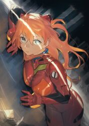  blue_eyes bodysuit breasts closed_mouth evangelion:_3.0+1.0_thrice_upon_a_time fadingz female film_grain gloves glowing glowing_eye hair_between_eyes highres interface_headset long_hair looking_at_viewer lying medium_breasts neon_genesis_evangelion on_side orange_hair pilot_suit plugsuit rebuild_of_evangelion red_bodysuit red_gloves signature solo souryuu_asuka_langley 