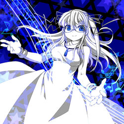  anmita_(rarutos) blue_eyes book_of_star_mythology bracelet breasts closed_mouth dress female glasses greyscale_with_colored_background hair_ribbon jewelry long_hair looking_at_viewer medium_breasts necklace original ribbon round_eyewear shelia_lyrac sleeveless sleeveless_dress smile solo spot_color star_(symbol) touhou 