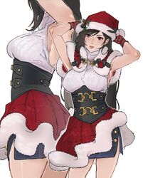  armpits arms_behind_head black_hair breasts brown_corset capelet commentary corset female final_fantasy final_fantasy_vii final_fantasy_vii_ever_crisis final_fantasy_vii_remake fur-trimmed_capelet fur-trimmed_headwear fur_trim gloves hat holly_hat_ornament large_breasts lips long_hair official_alternate_costume parted_lips pink_lips pudelmudel red_capelet red_hat santa_hat simple_background skirt sleeveless solo tifa_lockhart tifa_lockhart_(fairy_of_the_holy_flame) white_background 